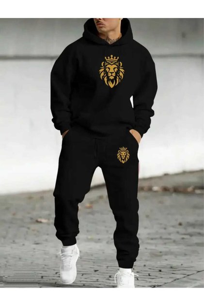 Men's Crowned Lion Printed Hooded Tracksuit Set