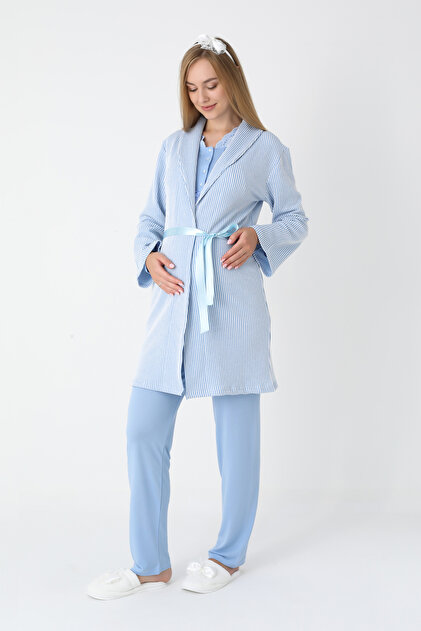 Maternity and Pregnant Pajama and Jacquard Striped Robe Set Front Buttoned Long Sleeve Pajamas 3-Piece Set
