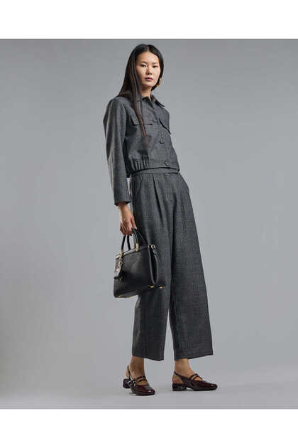 Plaid Wide Leg Trousers with Button Closure