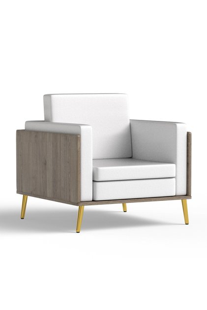 KD 3326 Truffle Davos Oak Wooden Single Seat Sofa with Golden Legs and White PU Cushion