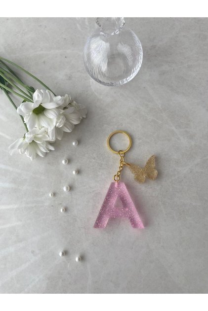 Letter a Pink Glitter Keychain & Charm [with Pompom Option]