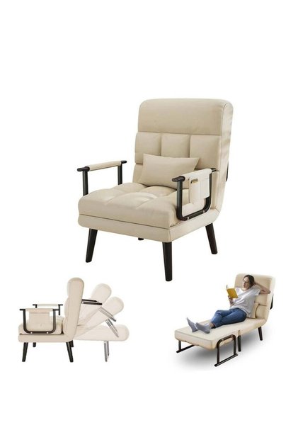 Folding Recliner Chair, 2-in-1 Chair & Bed, Adjustable Backrest, White - 97H x 65W x 65D x 45SH cm