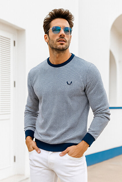Erkek Lacivert Kare Desenli Bisiklet Yaka Sweatshirt