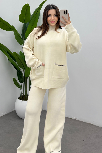 Women's Ecru Turtleneck Pocket Detailed Sweater Pants Knitwear Set
