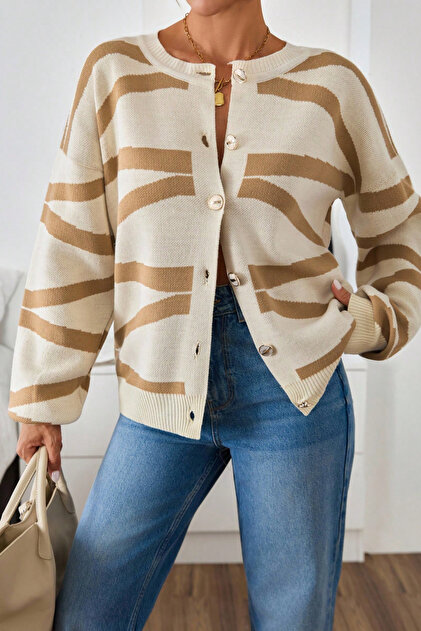 Zebra Patterned Women's Knitwear Cardigan – Beige Brown Buttoned Model