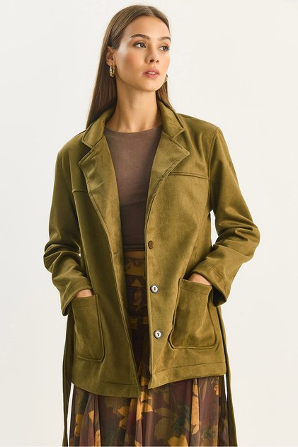 Women's Khaki Pocket Detailed Belted Suede Jacket 60283669
