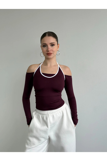 Women's Long-Sleeved Halter Crop with Piping