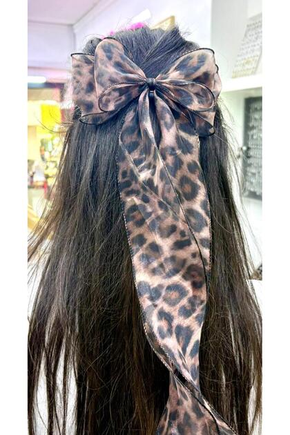 Leopard Printed Organza Tulle Automatic Clip Long Tail Bow Buckle