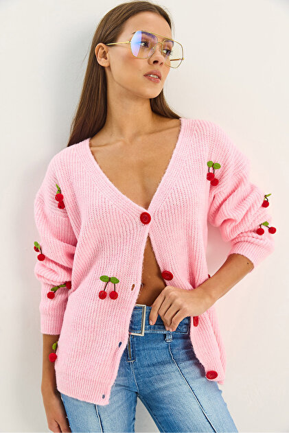 Bianco Lucci Kadın V Yaka Kiraz Aksesuarlı Triko Hırka 60283662