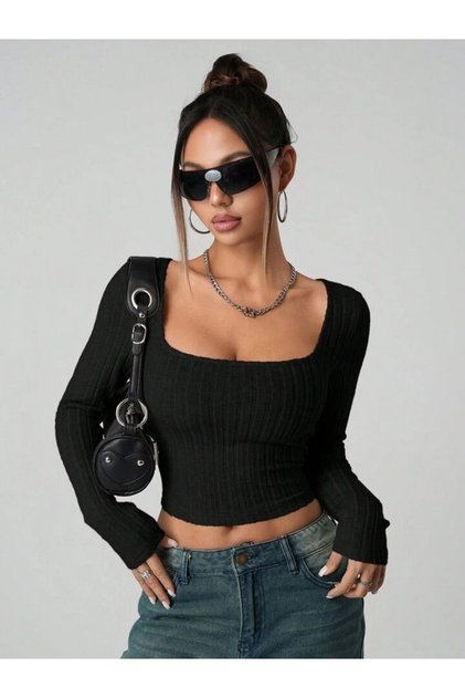 Women's Black Ribbed Knitted Fabric Long Sleeve Bodysuit