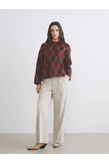 Lcw Vision Red Crew Neck Diamond Pattern Women's Knitwear Sweater
