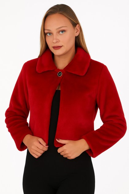 Women's Red Brooched Etol Thai Feather Fur Bolero Jacket