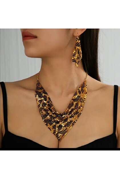 Donna Gold Leopar Payetli 3 Parça Eşarp Model Set (Kolye-Küpe)