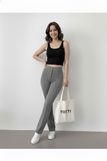 Women's High Waist Elastic Ribbed Stitching Crepe Flared Spanish Palazzo Pants