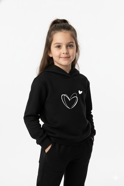 Kalp Printed Premium Children's Hooded Premium Compact Sweatshirt Tracksuit with Pockets and Drawstring