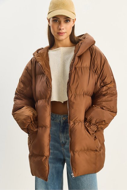 Women's Brown Hooded Oversize Bat Sleeve Puffer Coat 60283686