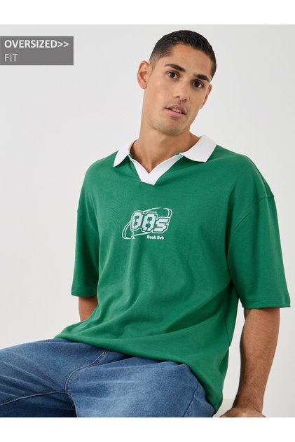 Men Green Graphic Print Oversized Varsity Polo T-Shirt