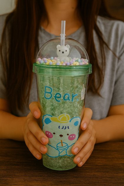 Crazy Bear Water Bottle with Straw, Ice Glass Look, 450 Ml, Double Layer, Cute Mica Water Bottle, 2093 Green