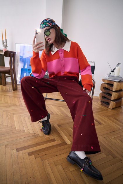 Women's Burgundy Embroidered Wide Leg Trousers