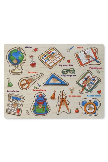 Puzzle din Lemn cu Instrumente Geometrice Montessori