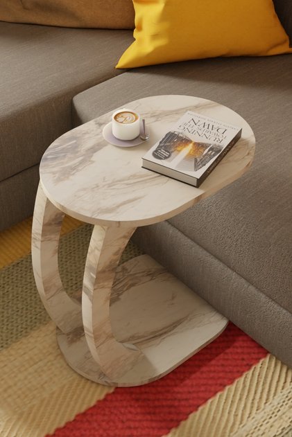 Oval Beyaz Mermer C Sehpa Modern,Tekerlekli Yan Sehpa (Salon, Ofis, Yatak Odası)