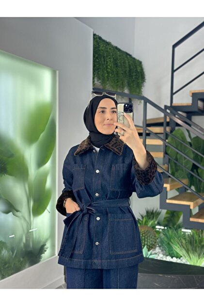 新品タグ付きchieko+ denim TEDDY sky 36 İkoll Pelüş Detaylı Lacivert Renk Kadın Denim Ceket - Fiyatı