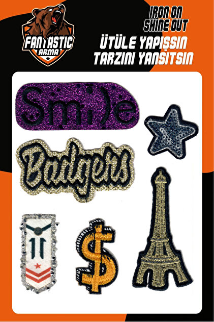 Iron-On Embroidery Patch – Shiny Embroidery Patch Set (7 Pieces) – Smile, $, Star, Eiffel, Badgers Mixed