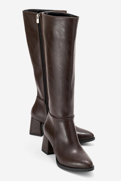 Simple Pointed Toe Heeled Women's Boots Brown Leather