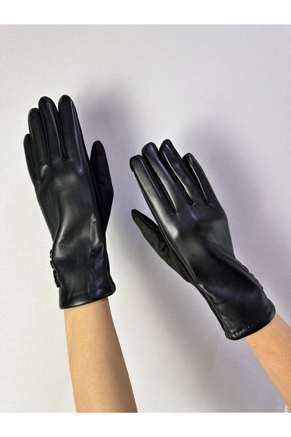 Button Detail Touchscreen Compatible Finger Synthetic Leather Look Women's Gloves