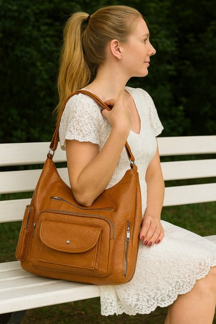 Soft Faux Leather Tan Women's Bag Suitable for Hand Shoulder and Back Use