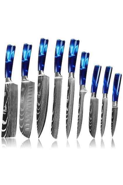 Set cuțite de bucătărie profesionale, oțel japonez HRC 60, mâner albastru deluxe, 9 cuțite