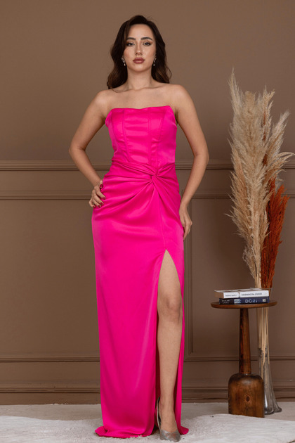 Saten Ruched Detail Strapless Long Evening Dress - Fuchsia