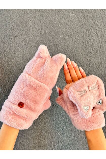 Plush Embroidered Cat Gloves with Open Fingers and Fur Inside