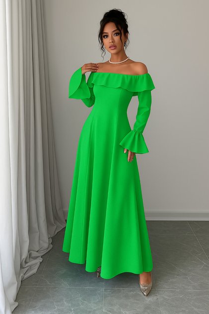Light Green Madonna Collar Ruffle Detail Long Sleeve Crepe Fabric Dress
