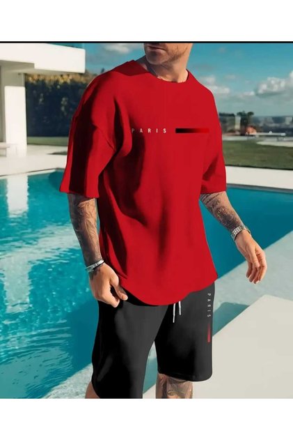 Men's'Paris' Letter Print Striped T-Shirt and Shorts Set