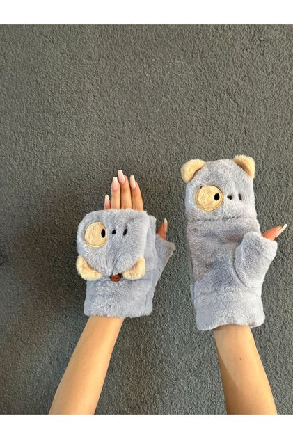 Puppet Plush Inside Fur Inside Openable Finger Embroidery Processing Women's Gloves