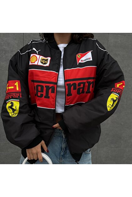BİQ & TAQ BUTİK Black Red Ferrari Patterned Racing Unisex Oversize