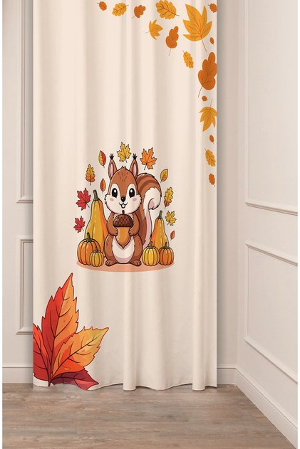 Autumn Golden Leaf Squirrel Nut Nature Patterned Special Design Digital Printed Stylish Style Background Curtain