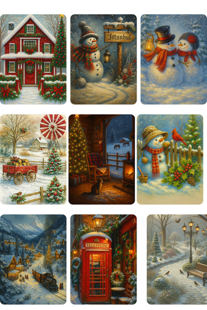 9-Piece Glittery Christmas Card Postcard Gift Nostalgic Sticker Red House Model-4