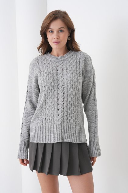 Women's Self Textured Long Sleeve Crew Neck Sporty Stylish Winter Knitwear Sweater