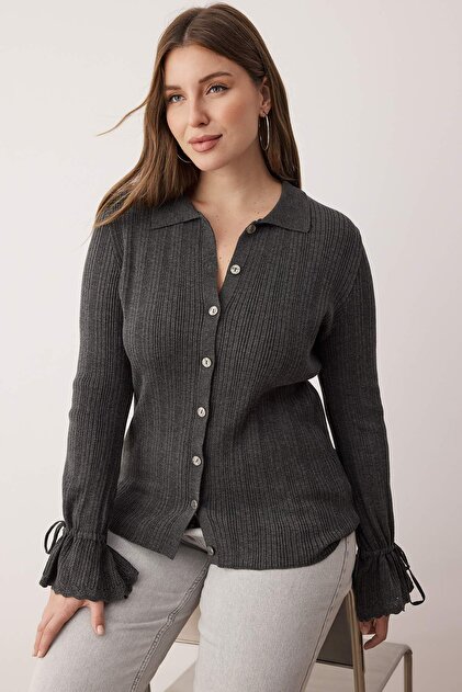 Trendyolmilla Curve Antrasit Merserize Görünümlü Fitilli Polo Yaka