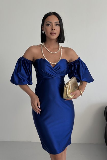 Laura Balon Kol Satin Evening Dress Cobalt Blue Dress