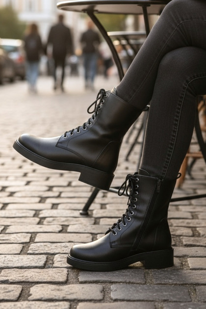 WOMEN'S BLACK GENUINE NATURAL LEATHER LACE-UP BOOTS & BOOTIES