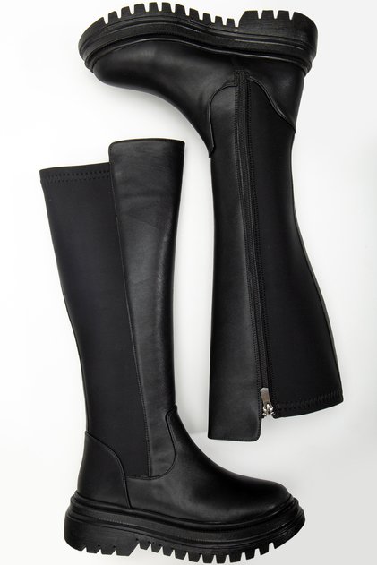 Women's Black Leather-Look Zippered Knee-High Everyday Boots with Stretch Detail