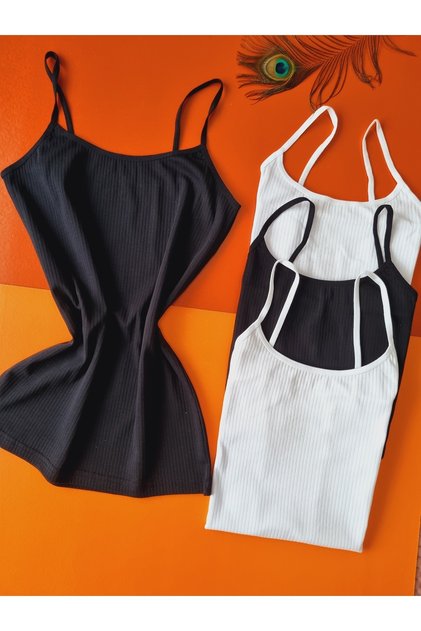 Ribbed Women's Undershirt with Ribbed, Cotton, Lycra Rope Straps (2 Black-2 White)