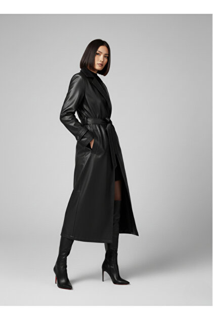 ZEYNEP RANA Women's Belted Lined Pocketed Long Leather Trench Coat