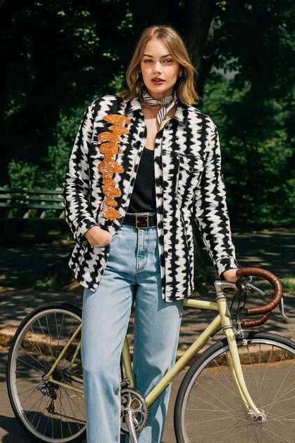 Orange Embroidered Black and White Patterned Thick Shirt