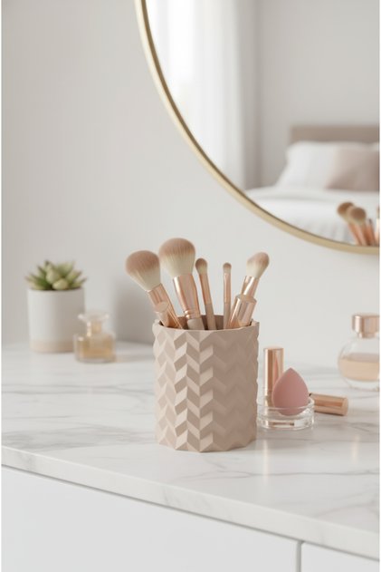 Geometric Beige Pen Holder & Makeup Brush Holder |   8X10 cm Modern Organizer
