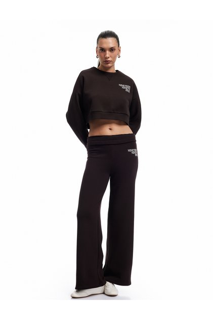Printed Long Sleeve Crew Neck Hooded Oversize Crop Sweatshirt