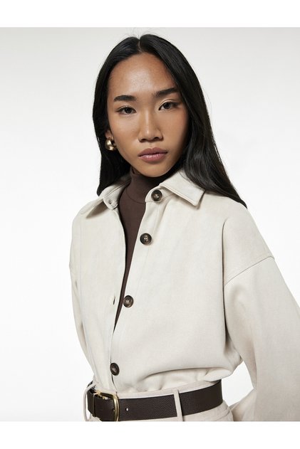Long-Sleeved Buttoned Faux Suede Shirt Jacket